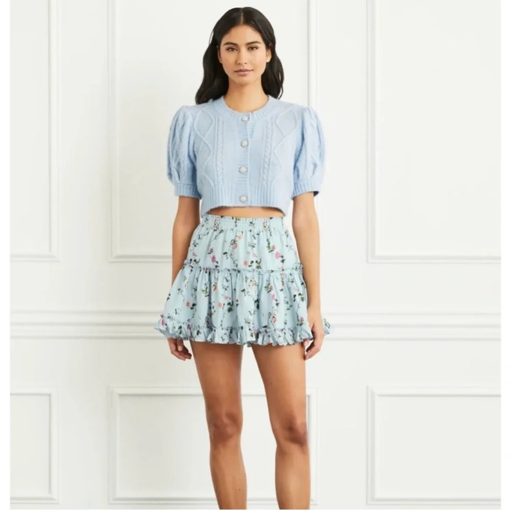 Hill House Light Blue Cropped Cable-Knit Puff Sleeve Cardigan